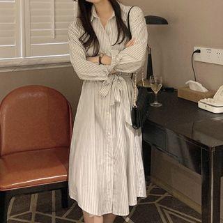Long-sleeve Stripe Lace-up Loose Fit Shirt Dress