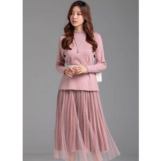 Set: Pleated Knit Top + Glittered Long Tulle Skirt Pink - One Size
