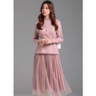 Set: Pleated Knit Top + Glittered Long Tulle Skirt Pink - One Size