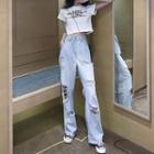 Short-sleeve Lettering Cropped T-shirt / Distressed Wide Leg Jeans / Set