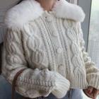 Furry Collar Cable Knit Cardigan