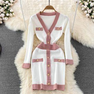 Color Block V-neck Single Breasted Knit Dress