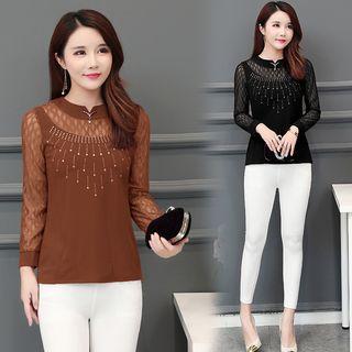 Mesh Panel Embellished Chiffon Blouse