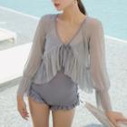 Set: Ruffled Swimsuit + Bell-sleeve Cover-up