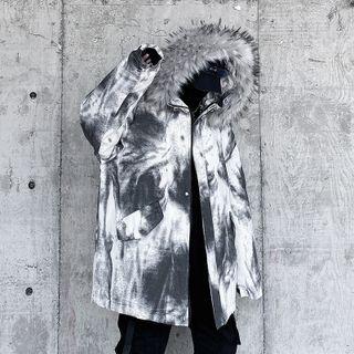 Long-sleeve Furry Trim Tie-dye Long Jacket