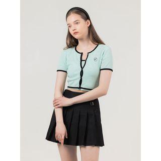 Set: Contrast-trim Cropped Cardigan + Camisole Top Mint Green - One Size