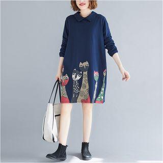 Printed Long-sleeve Collared Dress Navy Blue - One Size