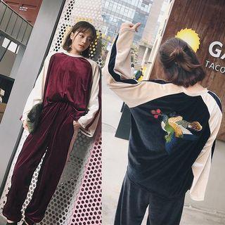 Set: Raglan Sleeve Velvet Embroidered Top + Velvet Sweatpants