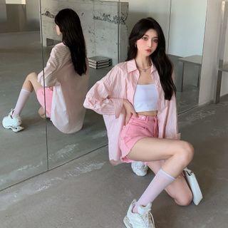 Two Tone Striped Oversize Shirt / High-waist Washed Shorts