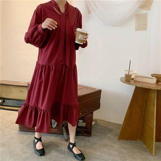 Tie-neck Long-sleeve Midi Dress
