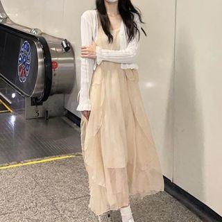 Spaghetti-strap Mesh Maxi A-line Dress / Cardigan