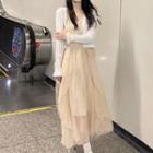 Spaghetti-strap Mesh Maxi A-line Dress / Cardigan