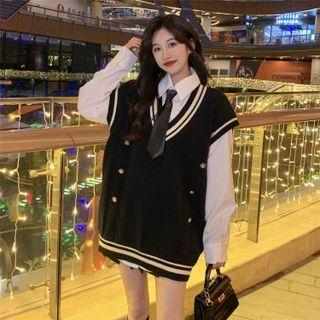 Striped Trim Sweater Vest / Plain Shirt / Necktie / Set