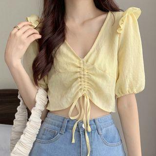 Puff-sleeve V-neck Drawstring Crop Top