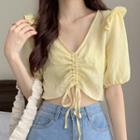Puff-sleeve V-neck Drawstring Crop Top