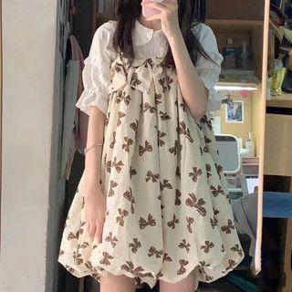 Puff-sleeve Ruffle Shirt / Bow Print Mini Overall Dress