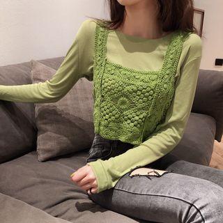 Plain Long-sleeve Mesh Top / Crochet Knit Camisole Top Avocado Green - One Size