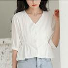 V-neck Elbow-sleeve Top White - One Size