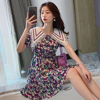 Collared Short-sleeve Floral A-line Dress