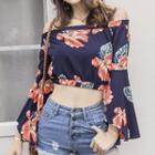 3/4-sleeve Floral Print Off Shoulder Top