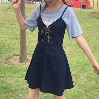 Spaghetti-strap Lace-up Denim A-line Dress