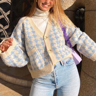 Long Sleeve V-neck Houndstooth Print Cardigan
