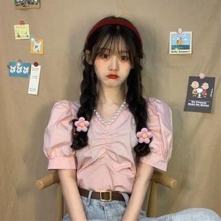 Short-sleeve Faux Pearl Shirred Blouse