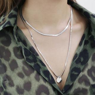 Coin-pendant Layered Necklace Silver - One Size
