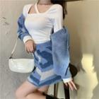 Long-sleeve Crop Top / Color Block Cardigan / Mini A-line Skirt