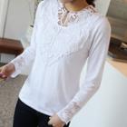 Notched-neck Lace-detail T-shirt