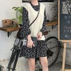 Long-sleeve Floral Mini Dress / Knit Vest