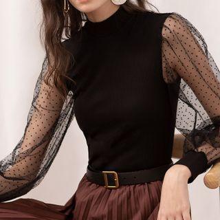 Mock-neck Mesh Panel Blouse