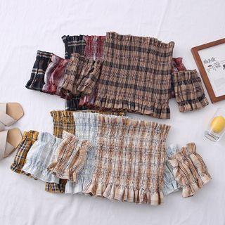 Detachable-sleeve Boatneck Smocked Crop Top In 6 Colors