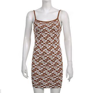 Spaghetti Strap Floral Checkerboard Knit Mini Bodycon Dress