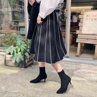 Contrast-trim A-line Knit Skirt Black - One Size