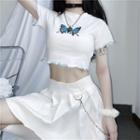 Contrast Trim Butterfly Print Cropped Top White - One Size
