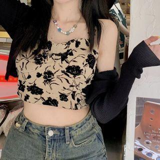 Spaghetti Strap Floral Tank Top Black & Khaki - One Size