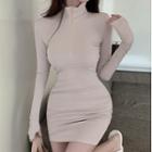 Mock-neck Long-sleeve Half-zip Bodycon Dress