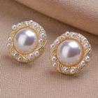Faux Pearl Stud Earring 1 Pair - Qr54 - Gold & White - One Size