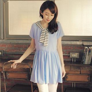 Short-sleeve Tie-neck Dress