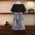 Short-sleeve Mock Two-piece Denim Dress