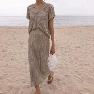 Set: Short-sleeve Pointelle Knit Top + Midi Knit Skirt