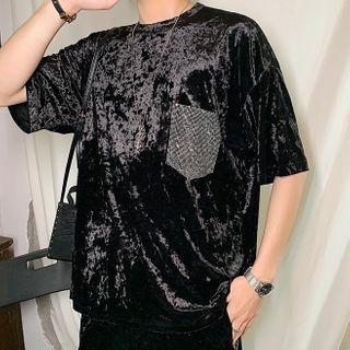 Set: Elbow-sleeve Embellished Velvet T-shirt + Shorts