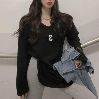 Long-sleeve Number Print T-shirt Black - One Size
