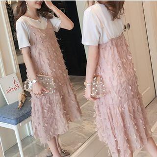 Set: Spaghetti Strap Fringed Midi Dress + Short-sleeve Plain Top