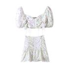 Short-sleeve Floral Crop Top / Mini Floral A-line Skirt / Set