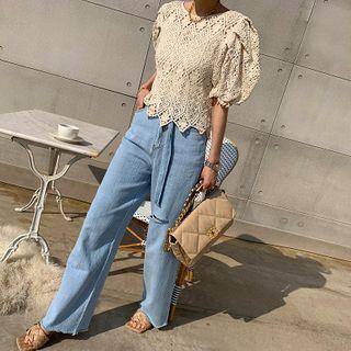 Puff-sleeve Crochet Blouse Light Beige - One Size