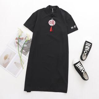 Printed Short-sleeve A-line Dress Black - One Size