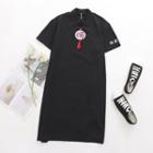 Printed Short-sleeve A-line Dress Black - One Size