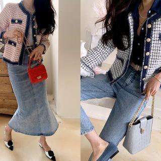 Denim-panel Frayed Tweed Jacket